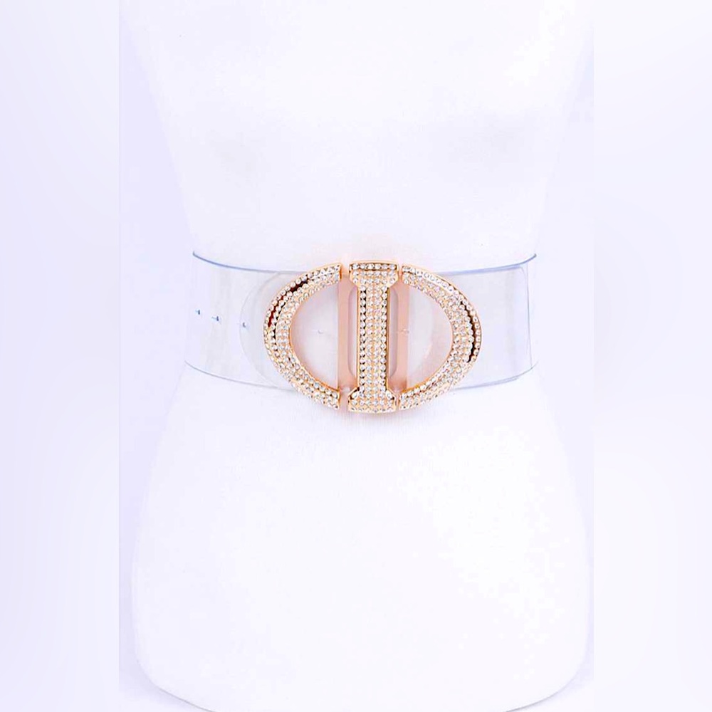 Gold & Rhinestone Buckle Clear PVC Statement Belt